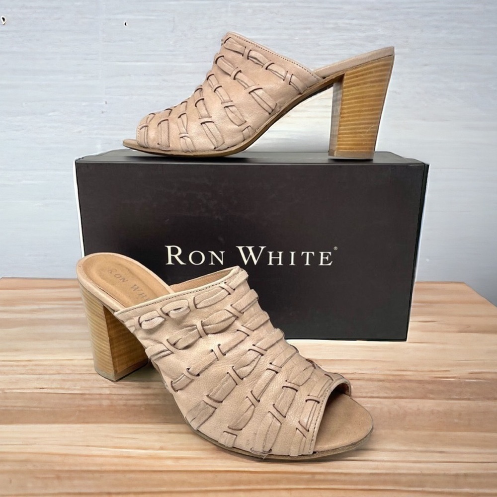 RON White Antique Nude Leather Ribbon Weave Open Toe Mule Sandals Size 41/10